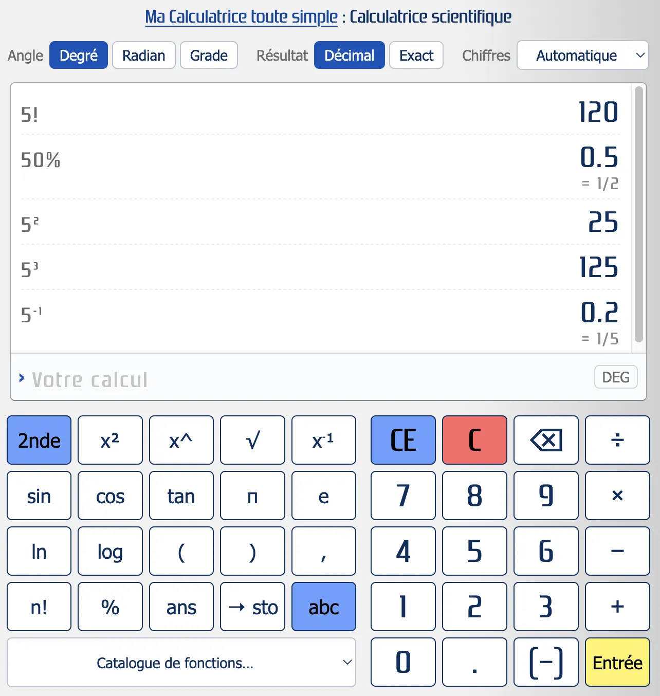 Factorielle, pourcentage, carré, cube et inverse dans une calculatrice scientifique en ligne