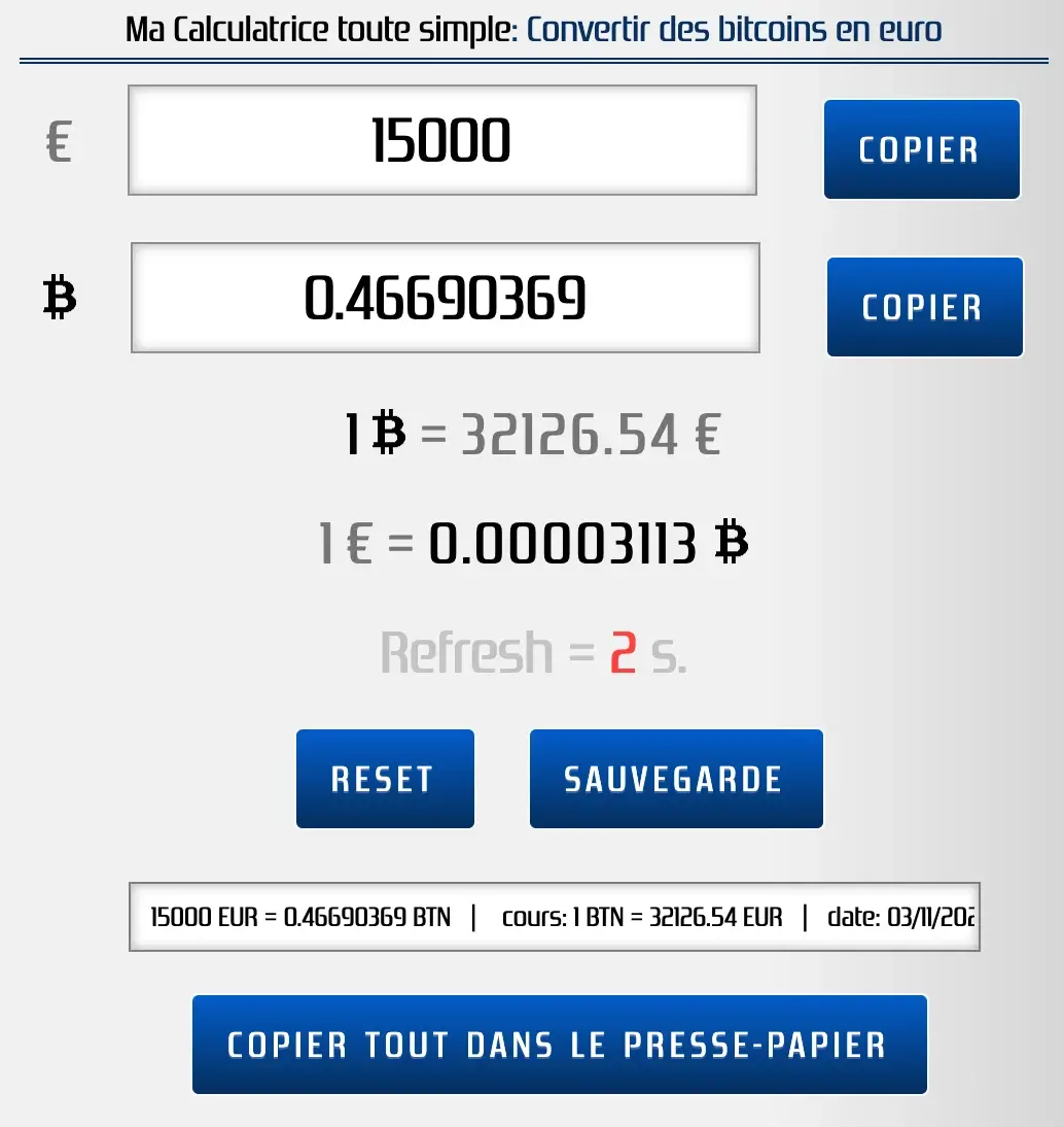 Exemple de conversion de la monnaie numérique bitcoin en euro