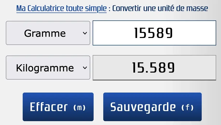 Convertir 15589 gramme en kilogramme