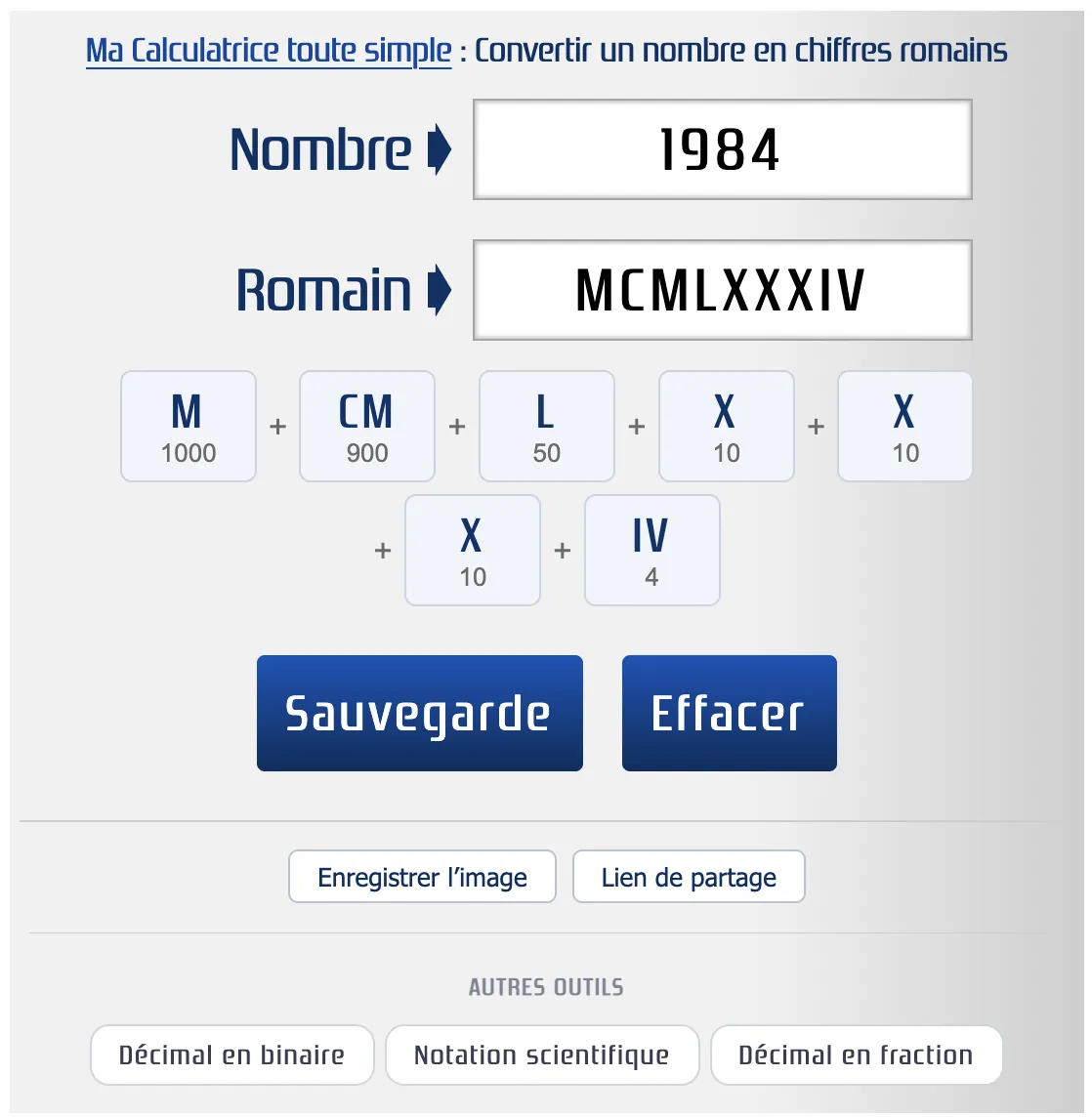 Convertir 1984 en chiffres romains