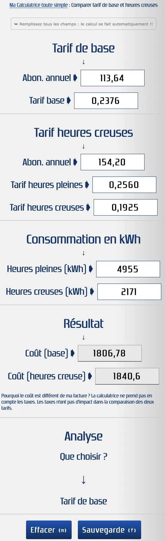 Comparer le coût d'un tarif de base et d'un tarif pleine/creuse d'une consommation d'électricité