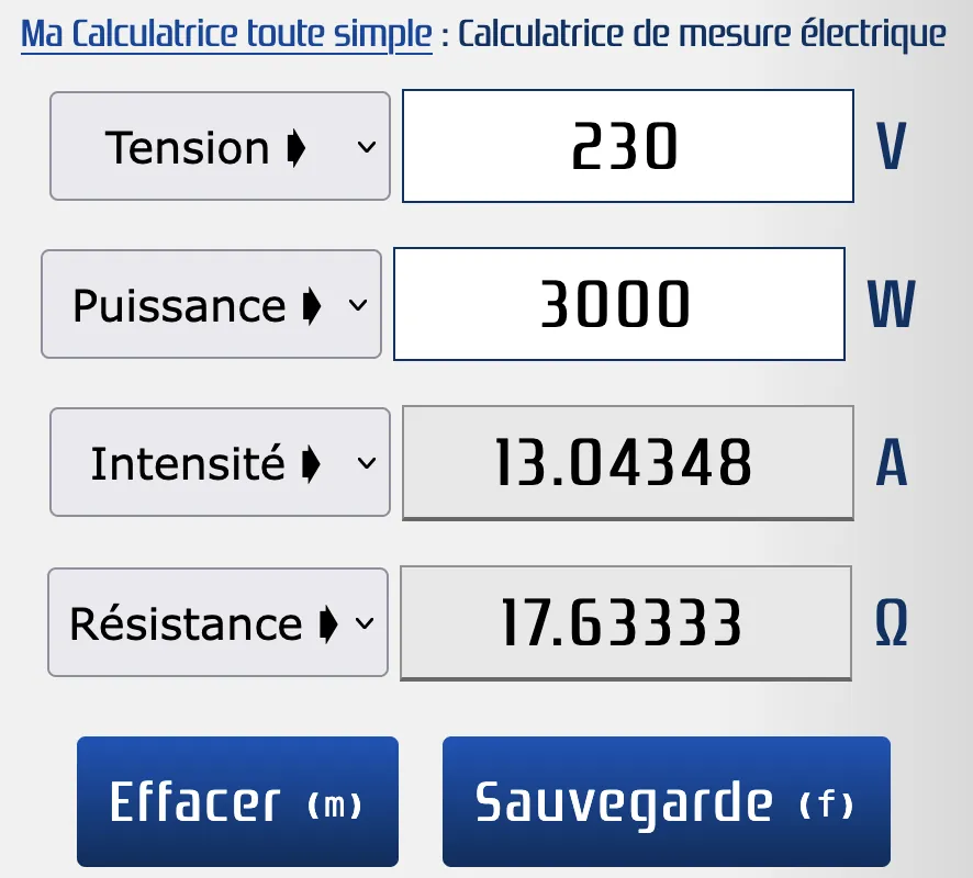 Converti 230 votls et 3000 watts en ohm et amps
