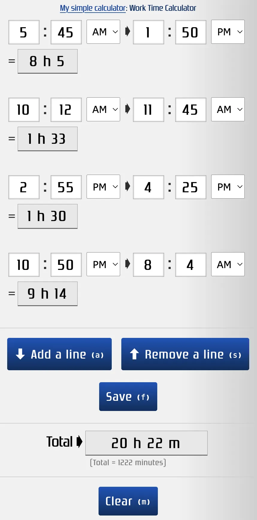 Calculate total working hours online
