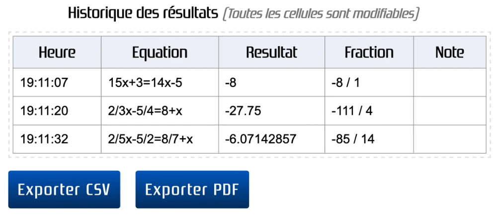 Exporter des équations et les résolutions