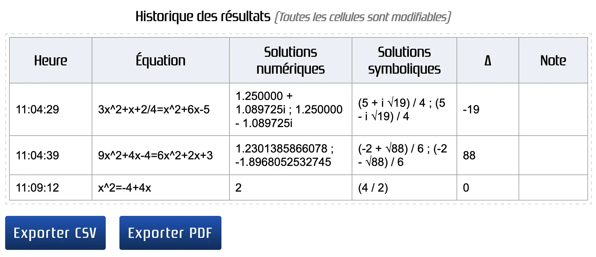 Historique des résultats pour une équation de second degré calculée en ligne