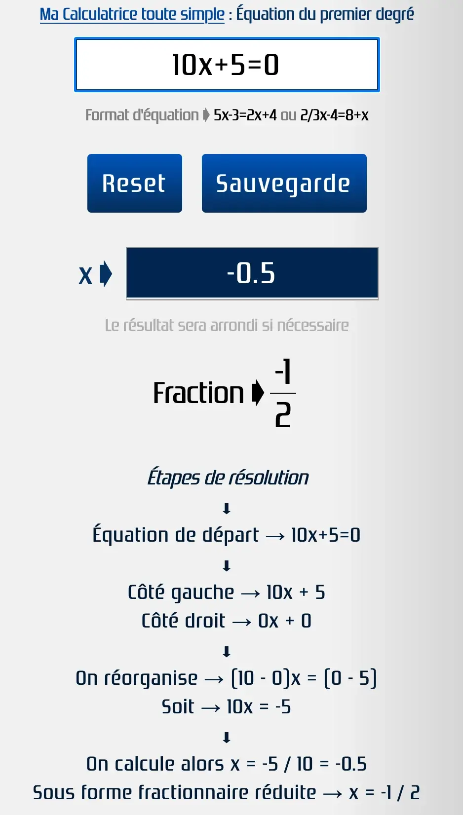 Résoudre l'équation 10 x + 5 = 0