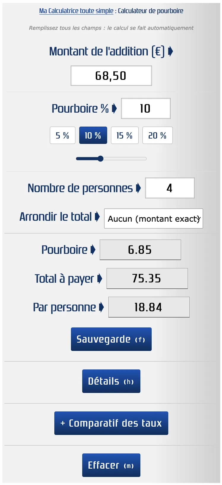 Exemple de calcul de pourboire avec le calculateur