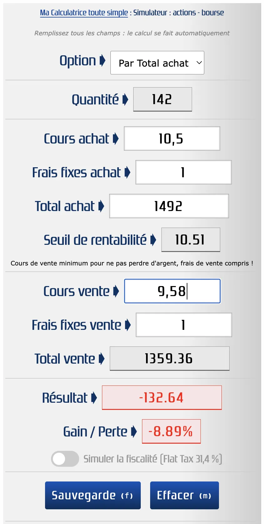 Opération boursière : perte