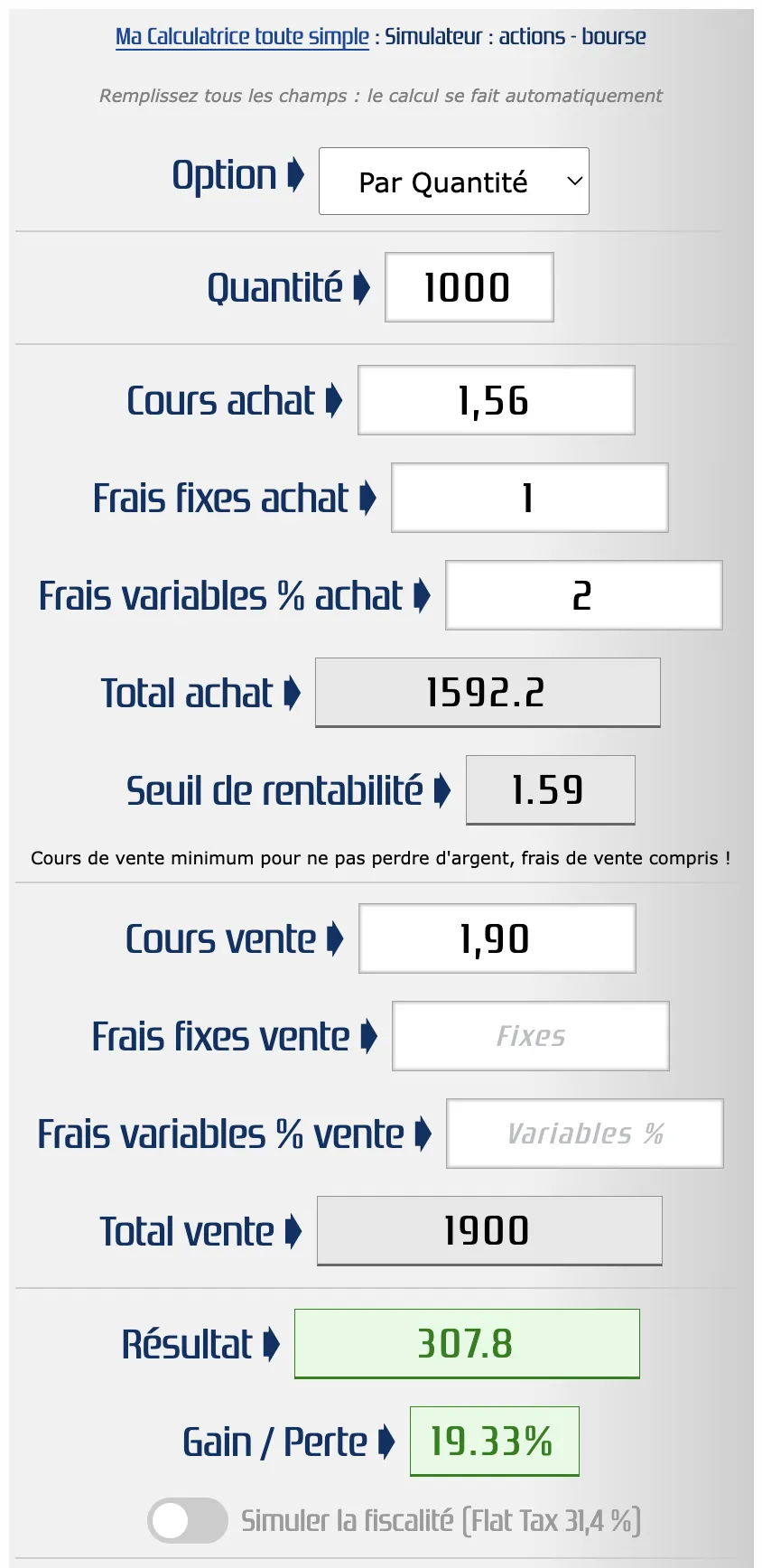 Calculer rapidement une opération en bourse