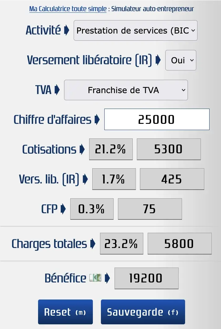 Simulateur pour calculer les cotisations d'un auto-entrepreneur avec une franchise de TVA