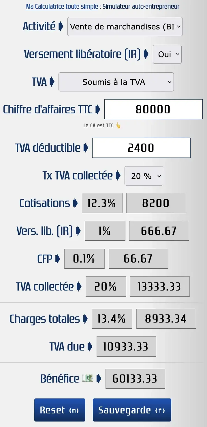 Simulateur pour calculer les cotisations d'un auto-entrepreneur soumis à la TVA