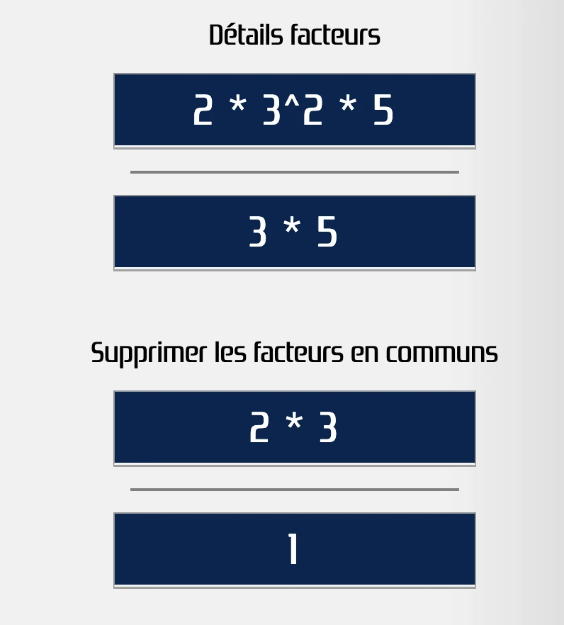 Détails pour rendre la fraction 90 / 15 irréductible