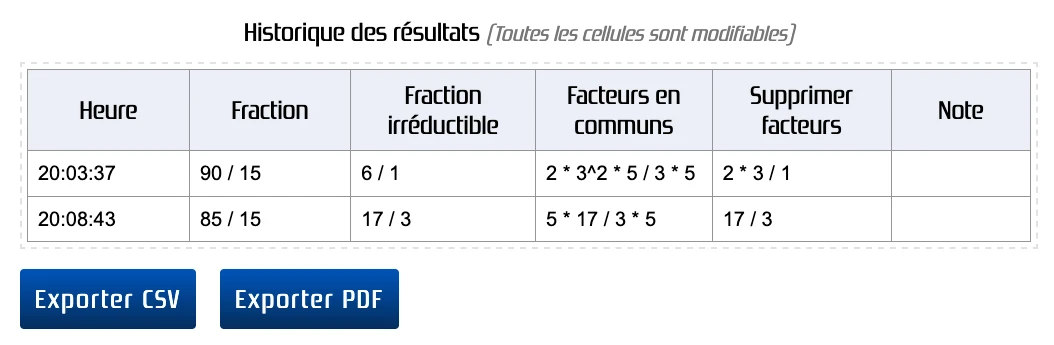 Historique des résultats pour dexu fractions irréductibles