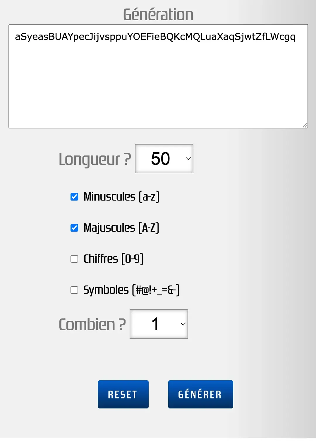 Exemple de génération d'une chaîne de 50 caractères
