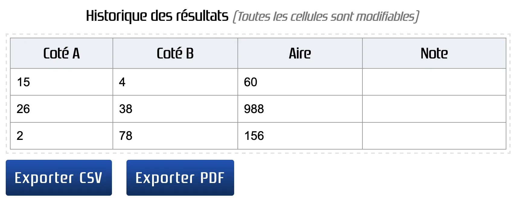 Historique des résultats du calcul d'aire de rectangles'