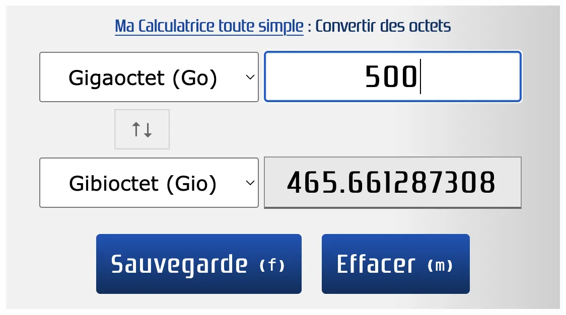 Convertir 500 gigaoctets en gibioctet
