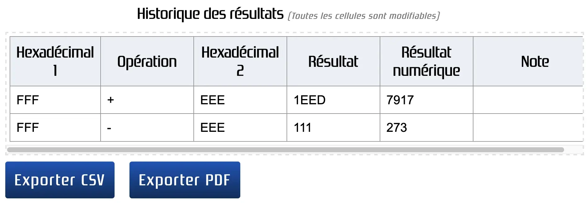 Historique des résultats des additions et soustractions de nombres hexadécimaux