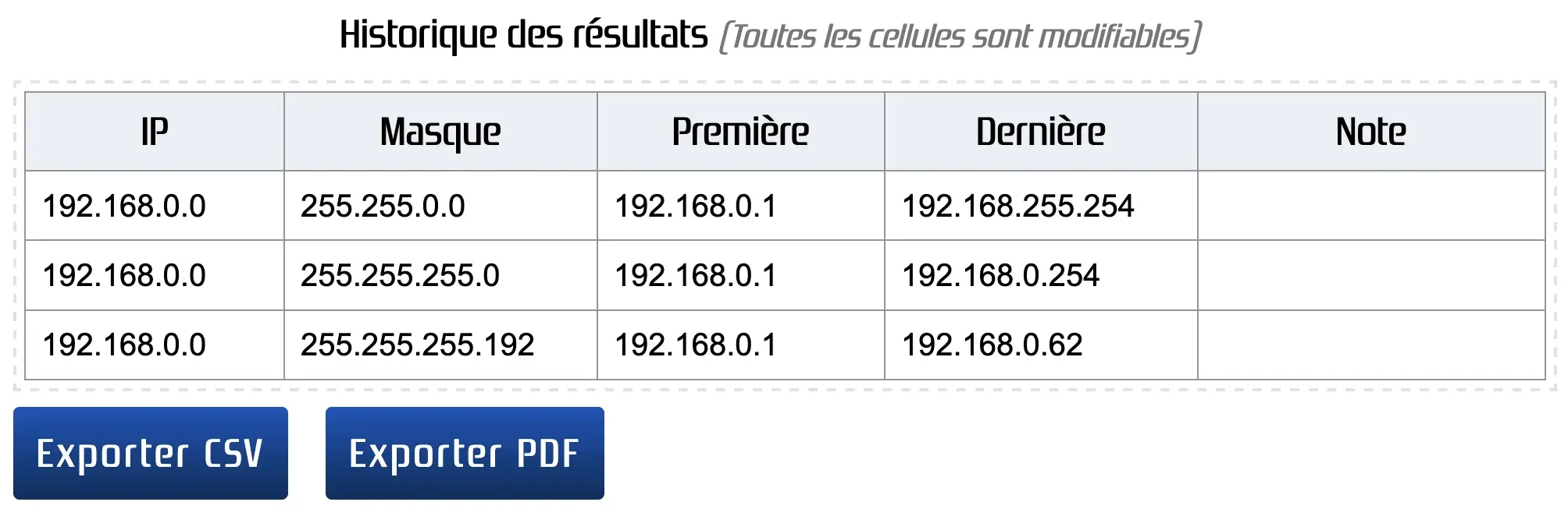 Historique des résultats de calcul de plages d'adresses