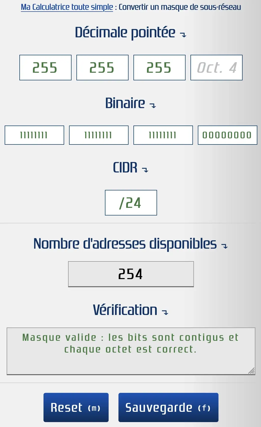 Convertir masque de sous-réseau : Décimal pointée → Binaire → CIDR
