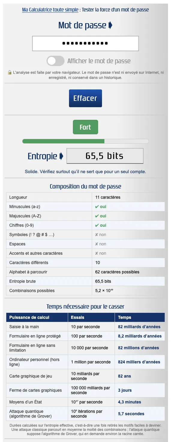 Résultat du test d'un mot de passe : niveau Fort, 65,5 bits d'entropie, composition détaillée et temps nécessaire pour le casser