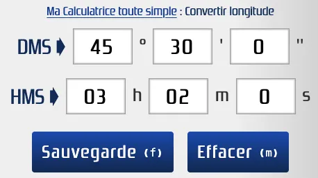 Conversion de longitude DMS en HMS