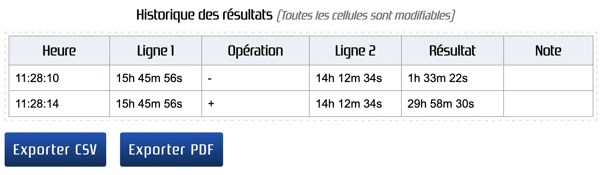 Historique des résultats pour le calcul de durée ou de temps grâce à une calculatrice en ligne